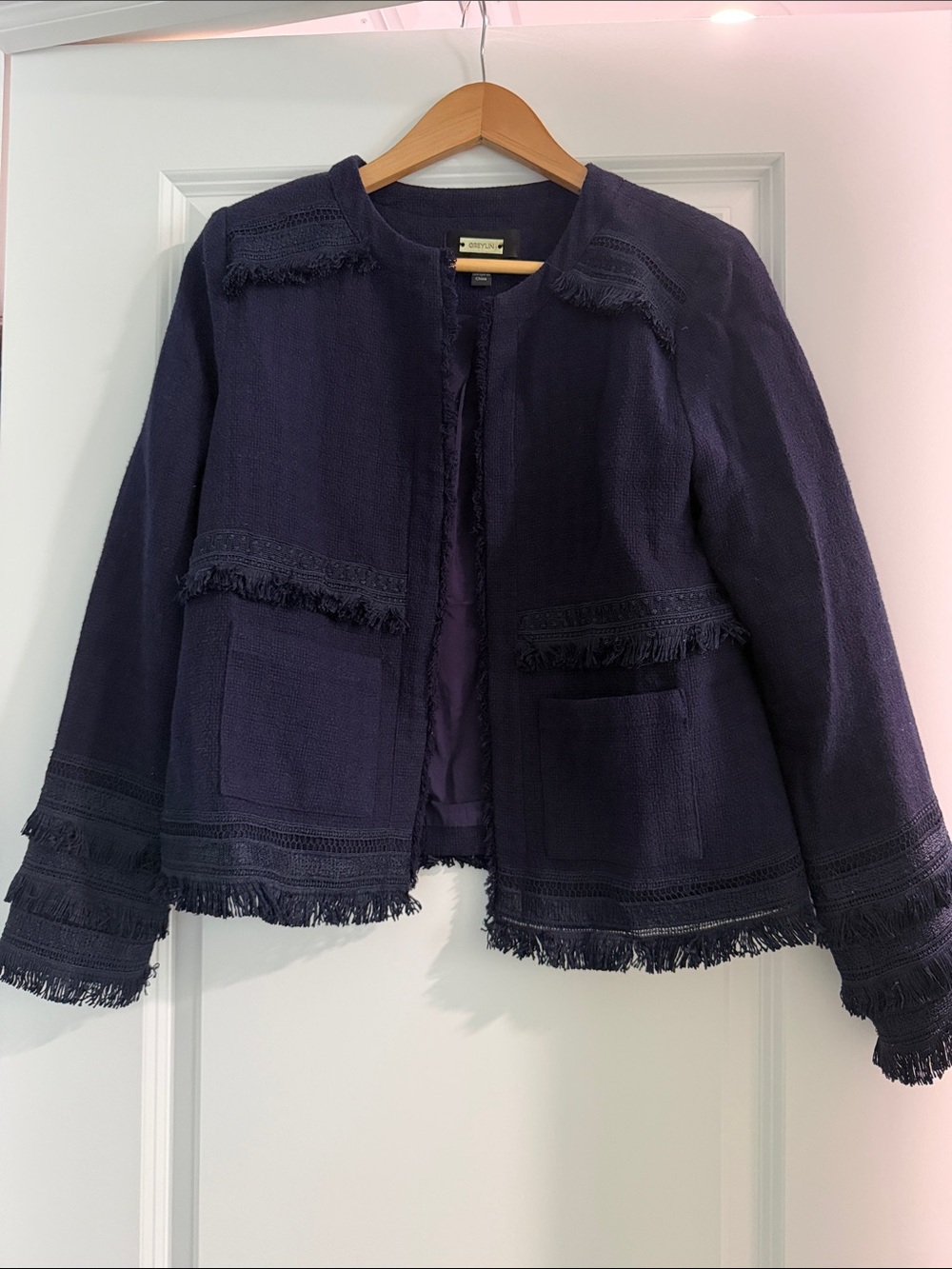 Greylin Deep Navy Fringe Tweed Blazer